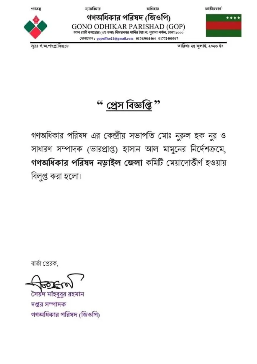 নড়াইল জেলা কমিটি বিলুপ্ত