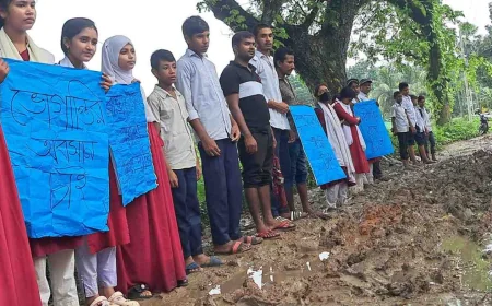 নড়াইলে বিদ্যালয়ের প্রবেশমুখের সংস্কারের দাবিতে মানববন্ধন