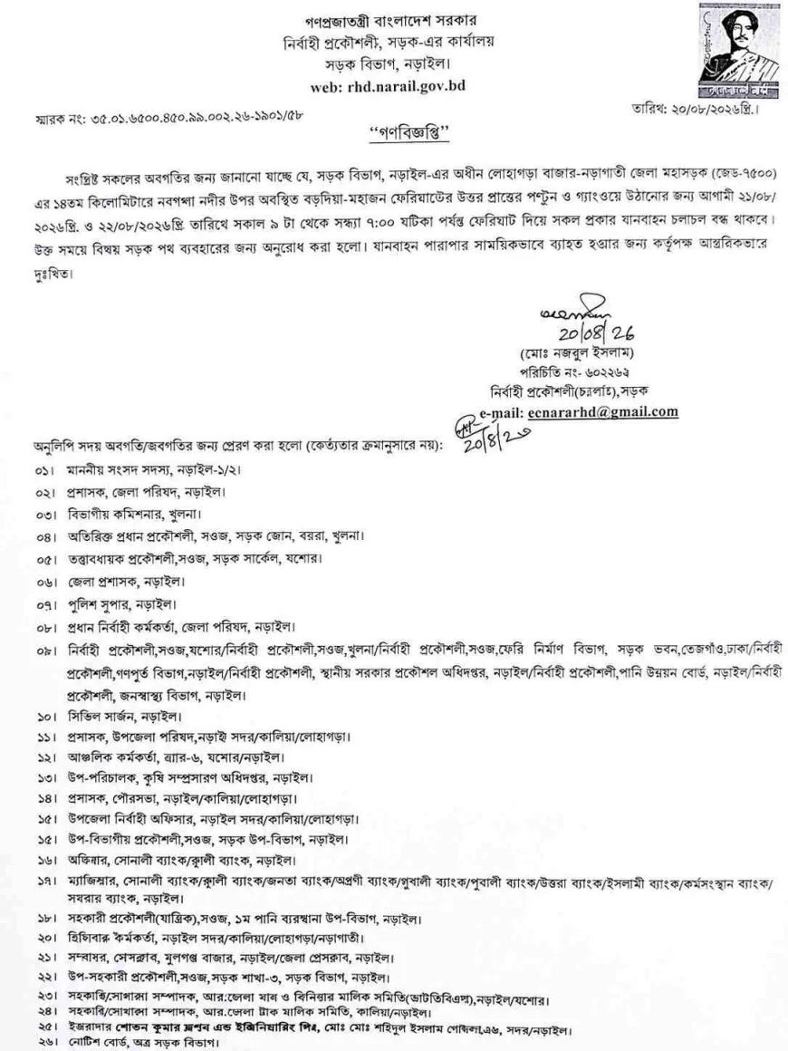 ২১ ও ২২ আগস্ট বড়দিয়া মহাজন ফেরিঘাটে যান চলাচল বন্ধ