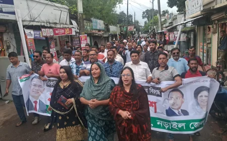 পরিকল্পিত সন্ত্রাসের মাধ্যমে দেশ অস্থিতিশীল করার ষড়যন্ত্রের প্রতিবাদে নড়াইলে স্বেচ্ছাসেবক দলের মিছিল