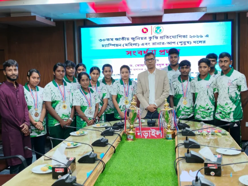 জাতীয় জুনিয়র কুস্তি প্রতিযোগিতায়  সাফল্যের জন্য নড়াইল দলকে সংবর্ধনা